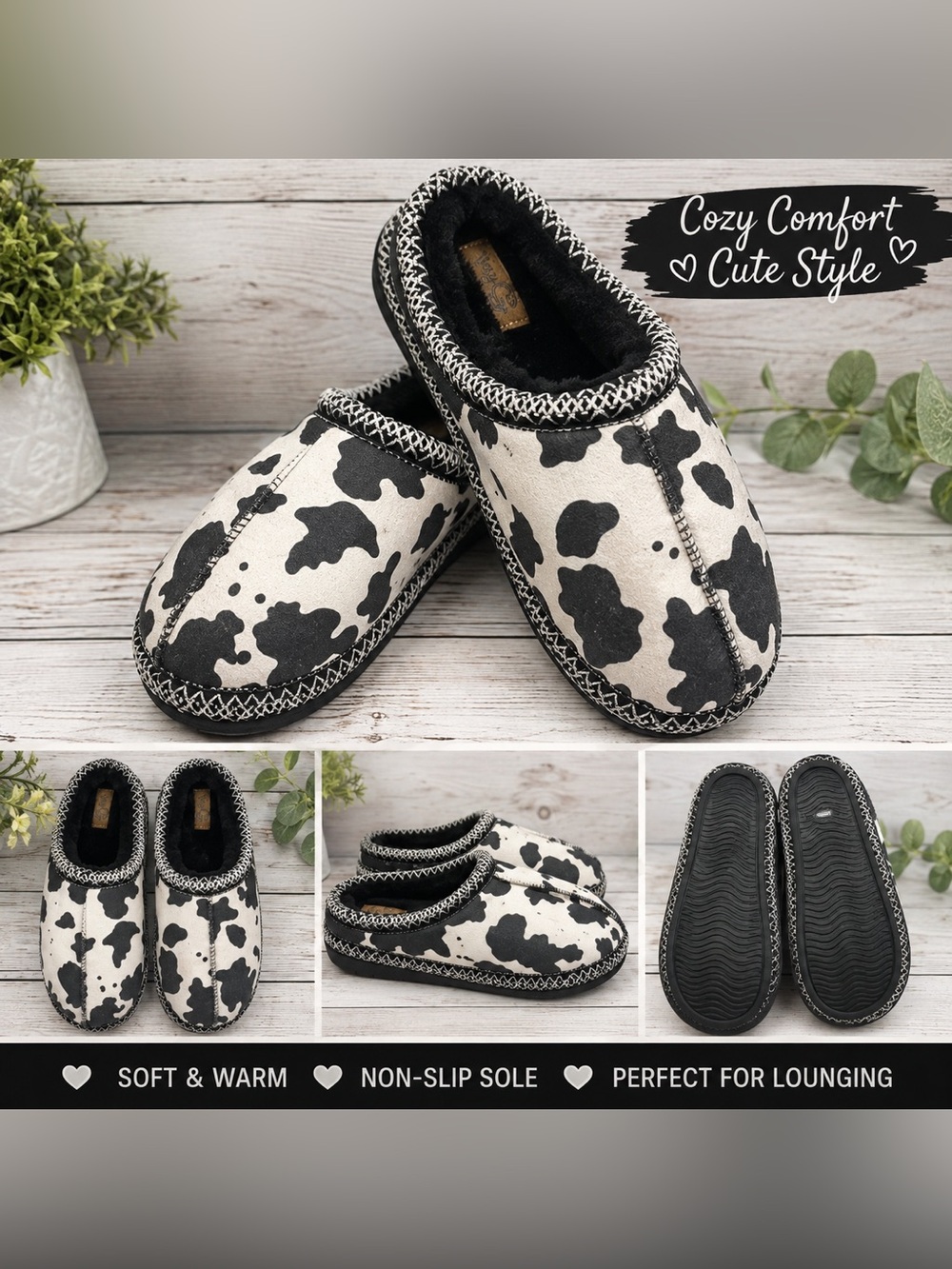 Women's Cow-Print Slip-On Cozy Slippers - Black & White